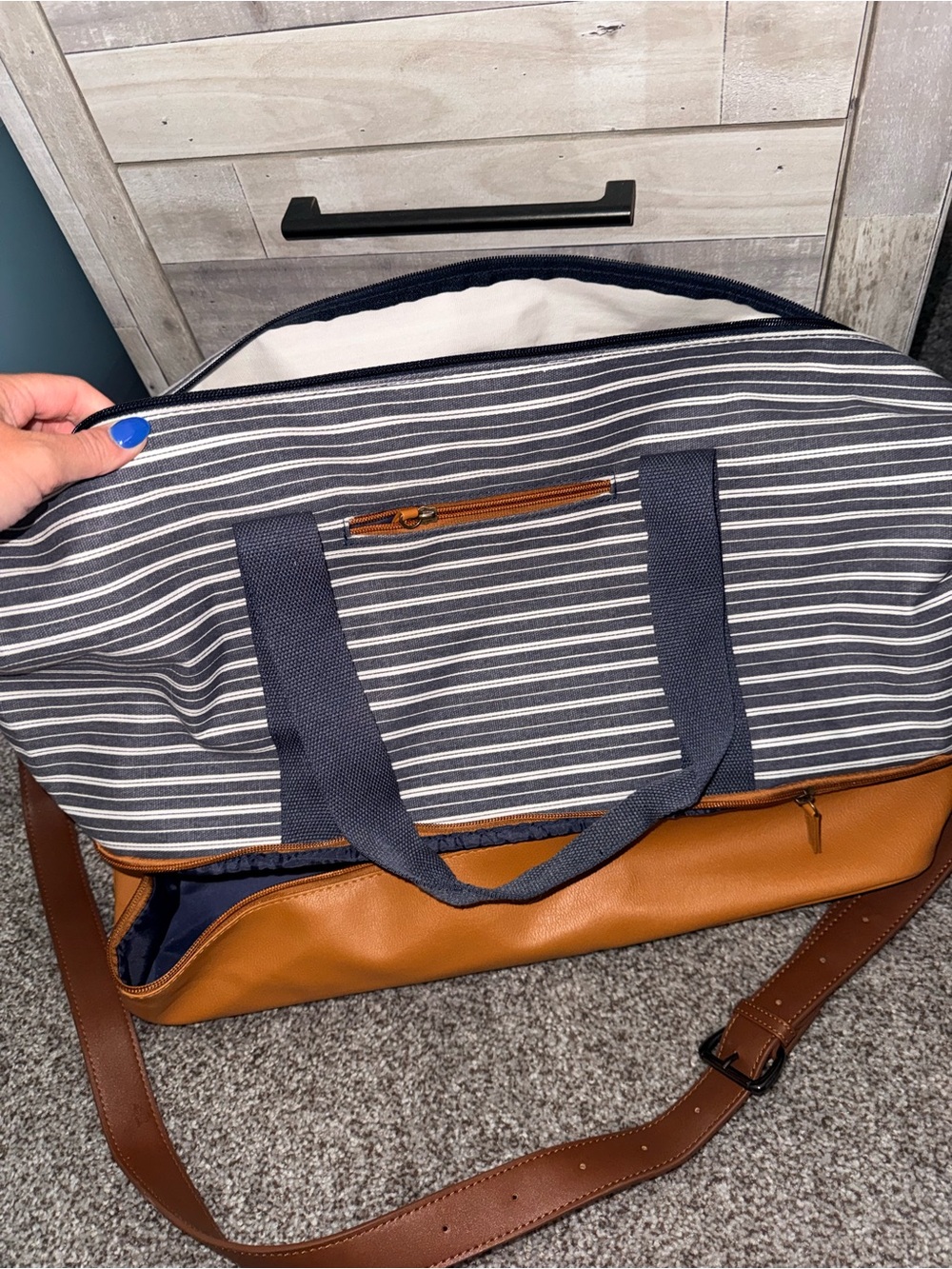 DSW Navy and White Striped Travel Weekender with Tan Trim
